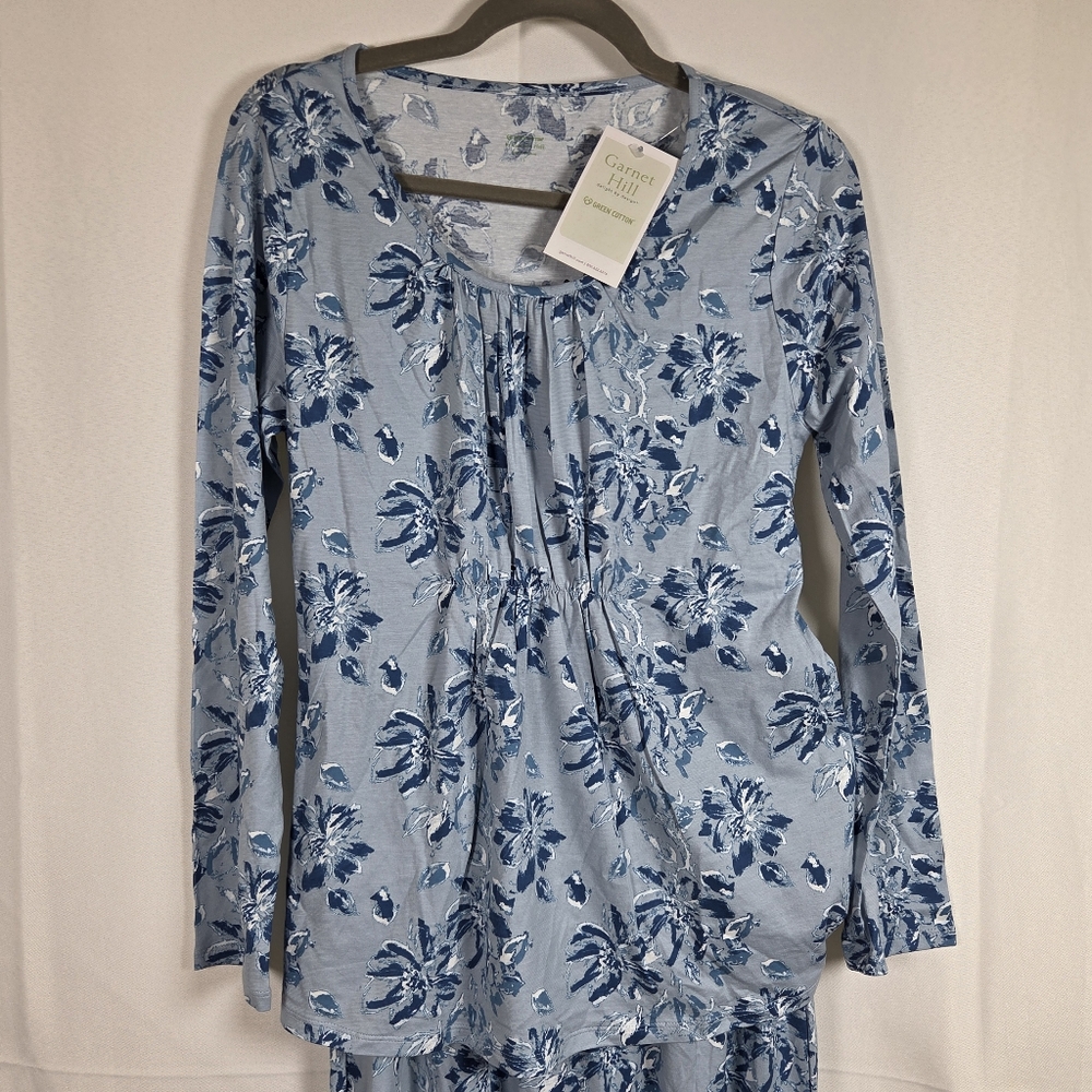 NWT Garnet Hill Pajama Set Blue Floral Organic Cotton Women's Small Shirt Pants - Picture 2 of 11